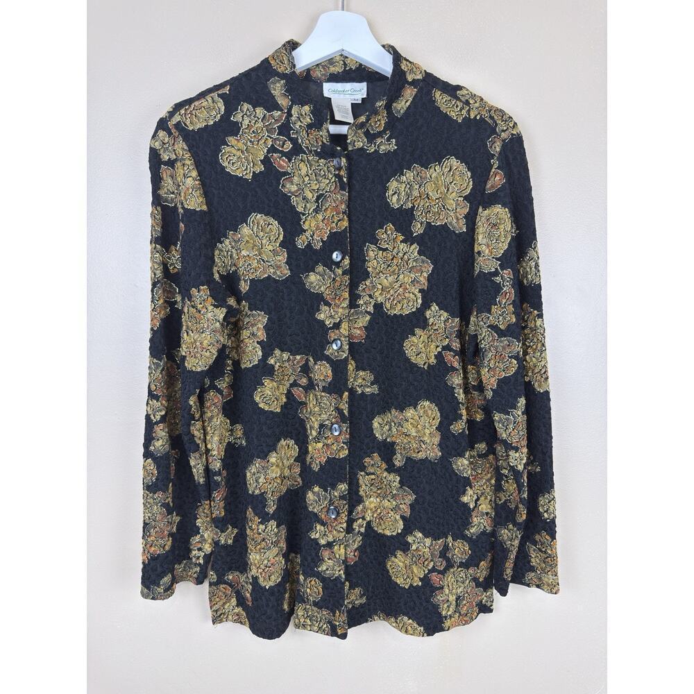 Coldwater Creek Black Gold Metallic Button Down Soft Blouse Women’s Flowy Size M